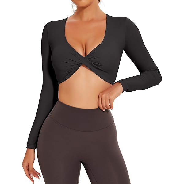 Amazon.com: FITTOO Long Sleeve Crop Tops for Women Twist Deep V